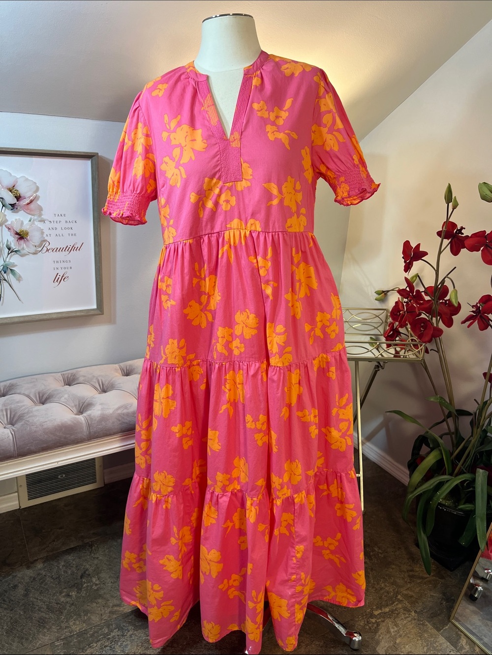 SOUTHERN TIDE Hot Pink & Orange Tiered Floral Cotton Maxi Dress Size Medium